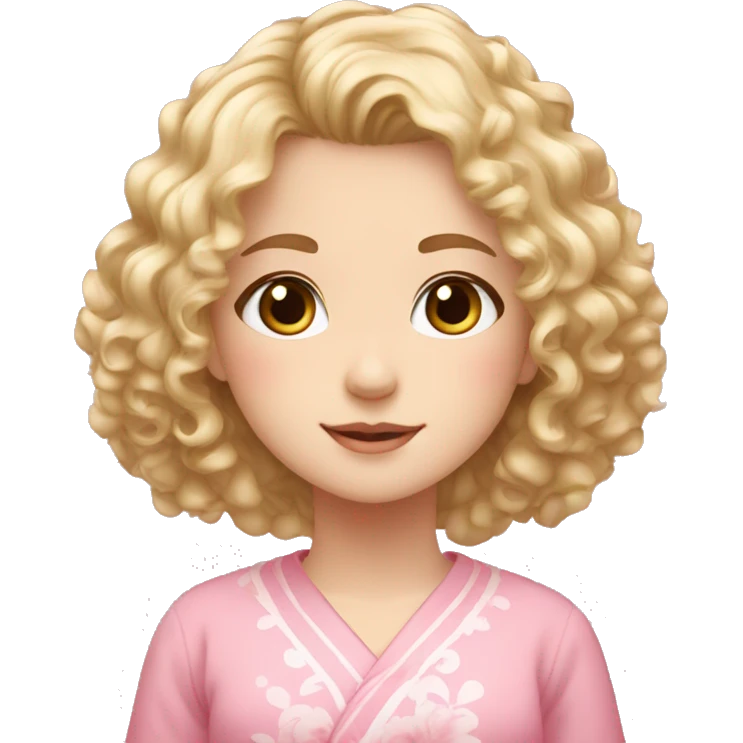 Blond curly hair girl, grey eyes, pink japan clothes, magnolia emoji