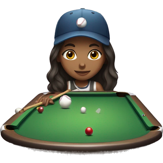 Girl with long dark brown hair and baseball cap playing pool emoji