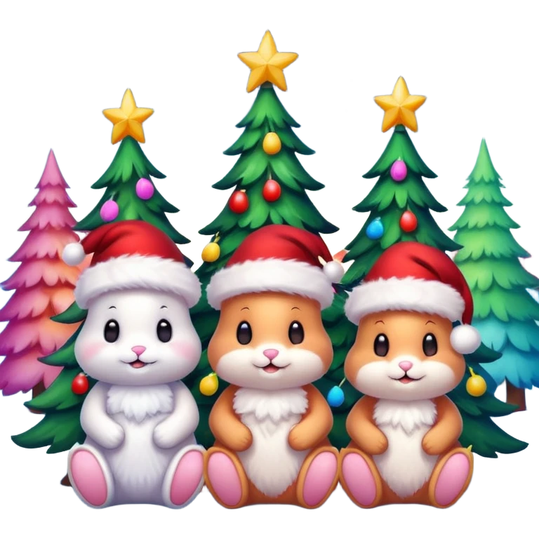 Different colored Christmas Bunnies with Santa hats sitting by brightly lit glowing colorful Christmas trees and candy canes 🎁  emoji
