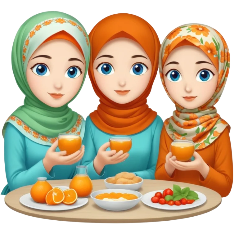 Four sister Turkish girls beautiful finish Konya blue eyes with orange floral hijab and light green dress and make turkish Breakfast emoji