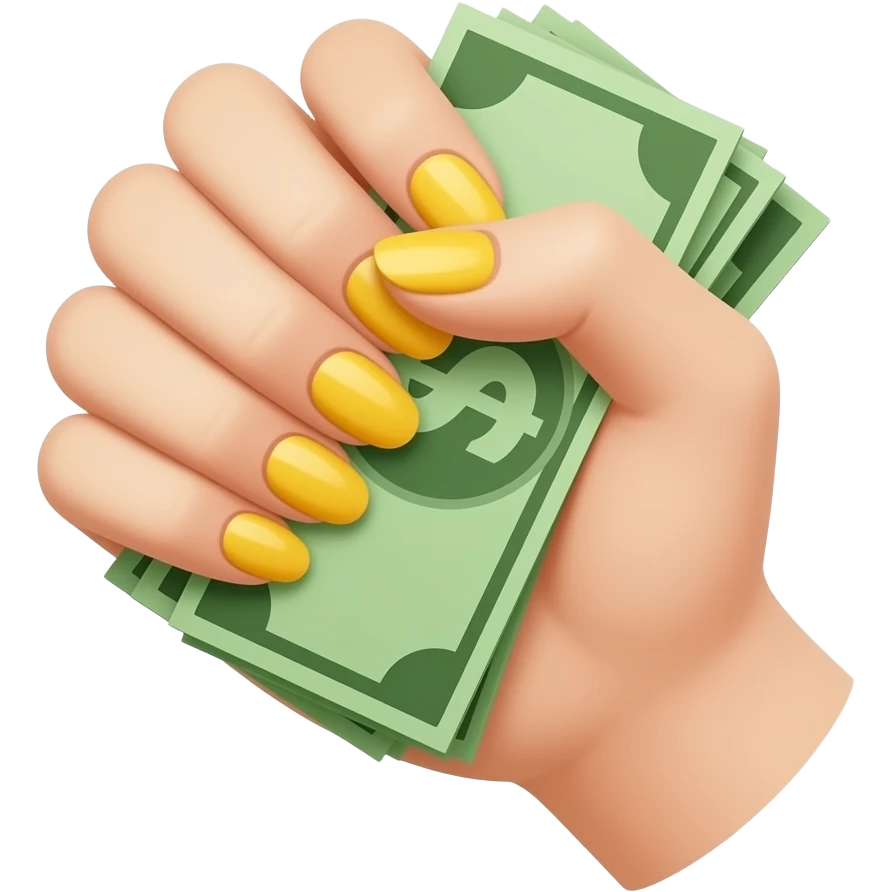 A pale hand with long, almond-shaped nails painted yellow, holding cash emoji