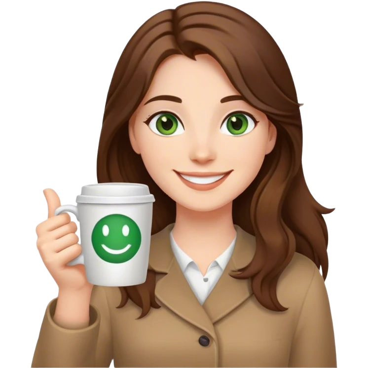 Long, Brown haired girl with middle hair part, with green eyes, smiling, waving with one hand, coffee mug in the other emoji