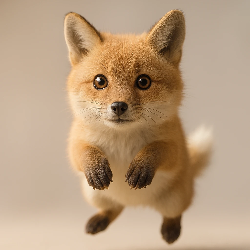 Create a photorealistic image of the chiikawa character in a jumping pose with gentle lighting and a minimal background. Maintain the photorealistic style and subtle details. emoji
