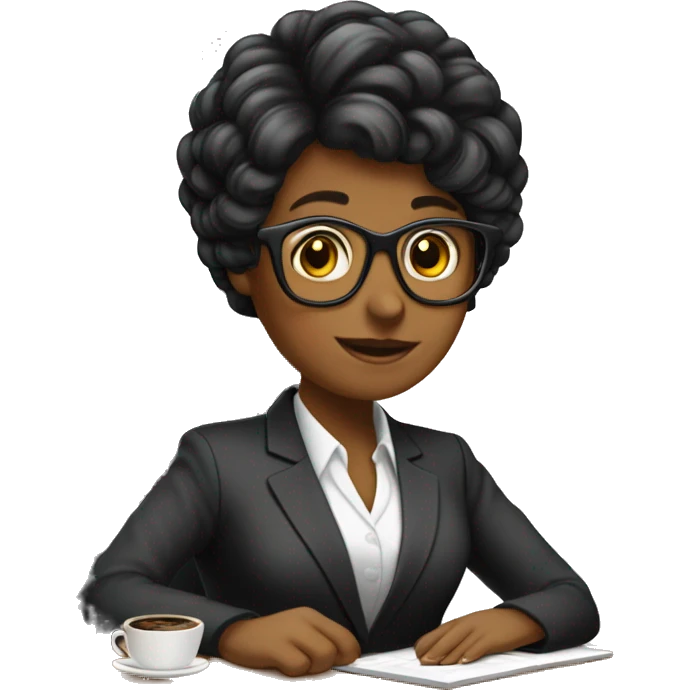 Secretaria cabelo preto computador e tomando cafe emoji