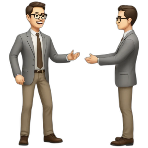 Full height Actively gesturing with hands Pale skinned fit man with dark brown hair in gray jacket, beige office shirt, brown tie, brown pants and vintage glasses. emoji