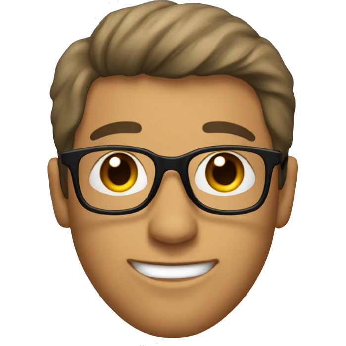 a guy's face with a hair cut called "curtains", black glasses and brown eyes emoji