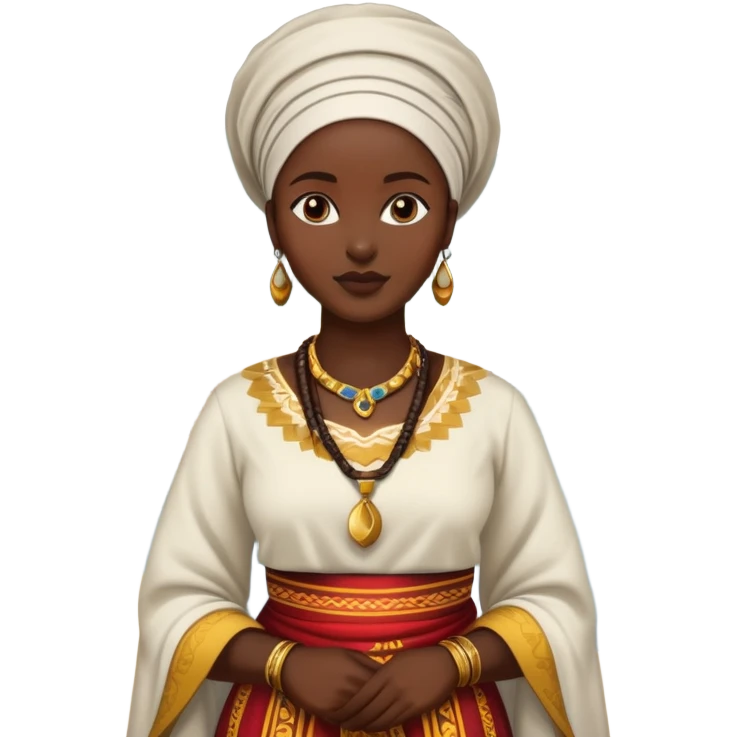 African woman standing by the riverside, traditional clothing emoji