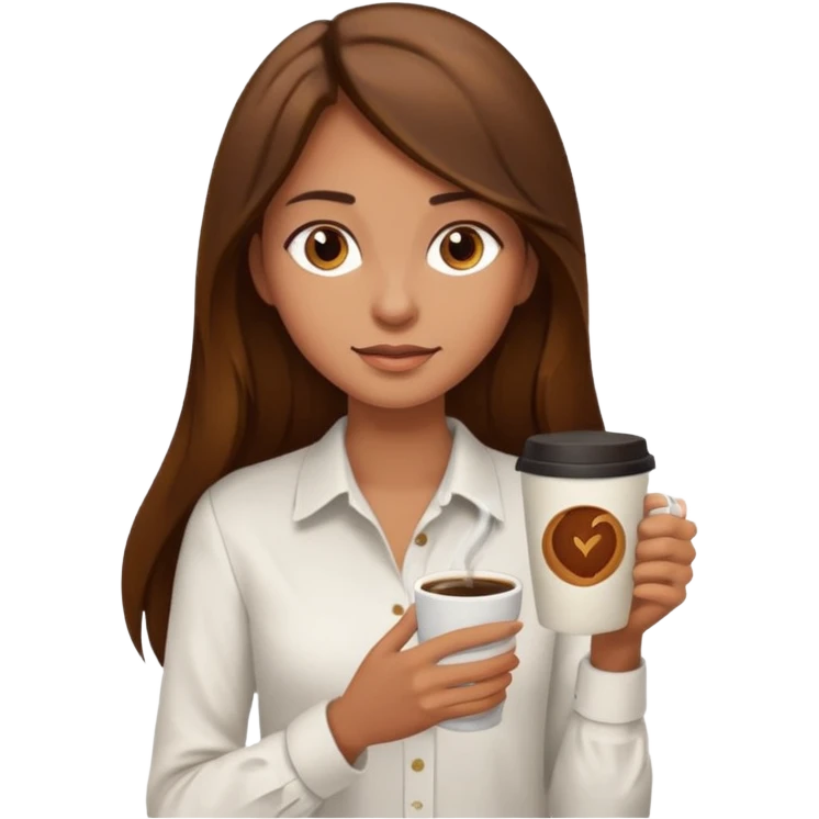 Chica de pelo  largo  castaño playera blanca  piel  morena con un café  emoji