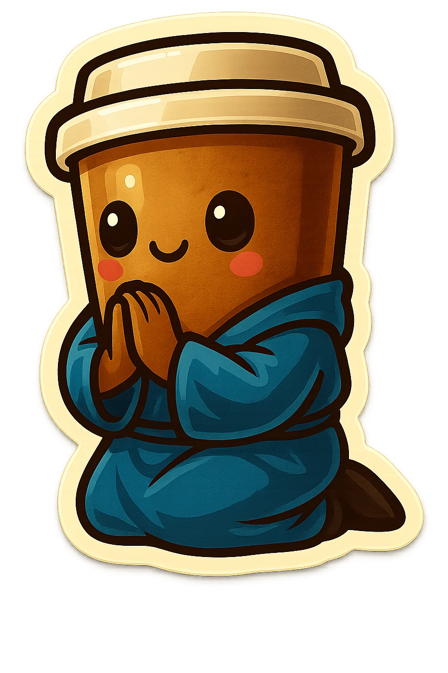 Tall coffee cup, bowing on knees, praying, worship, wearing soft blue monk robes emoji