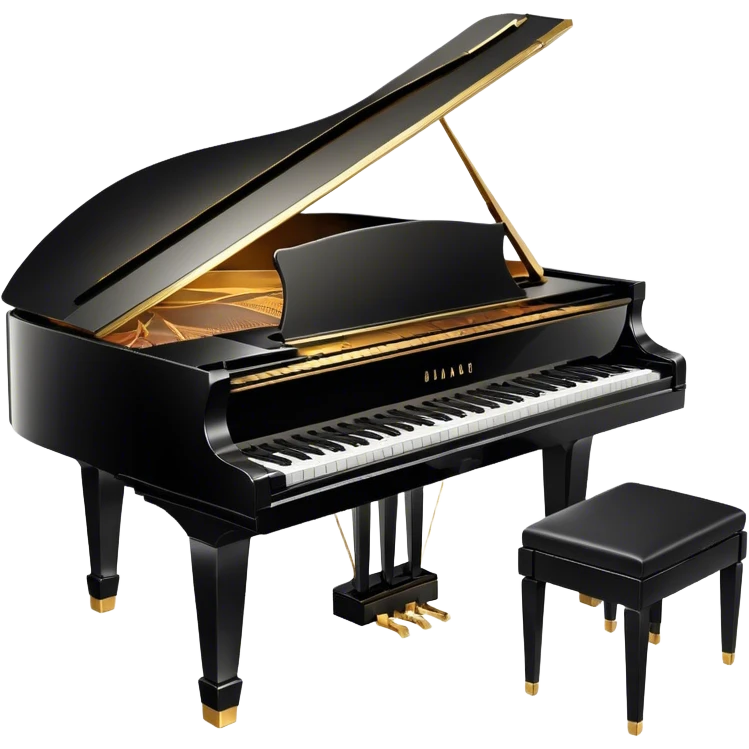 Cinematic Realistic Piano, glossy black grand piano with elegantly curved edges, pristine white and black keys, soft golden light reflecting off its polished surface, faint reflections of a musician’s hands, glowing with refined elegance and musical depth. emoji