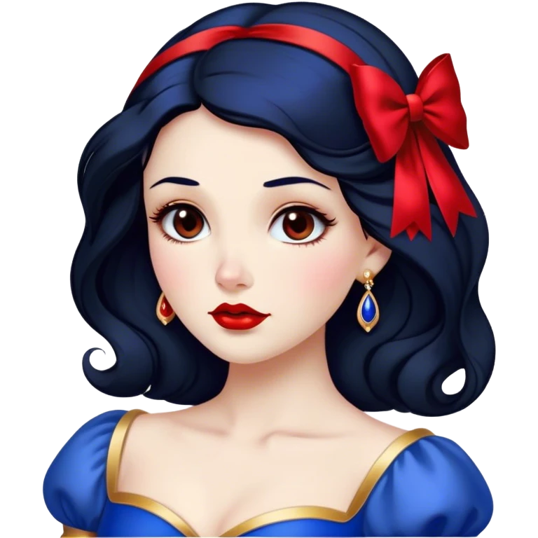 Cinematic Stunning Snow White Portrait Emoji, Fair skin glowing like porcelain, ruby-red lips, deep brown eyes full of kindness, raven hair framed by her iconic red bow, wearing her royal blue and gold gown, exuding timeless beauty and grace! emoji