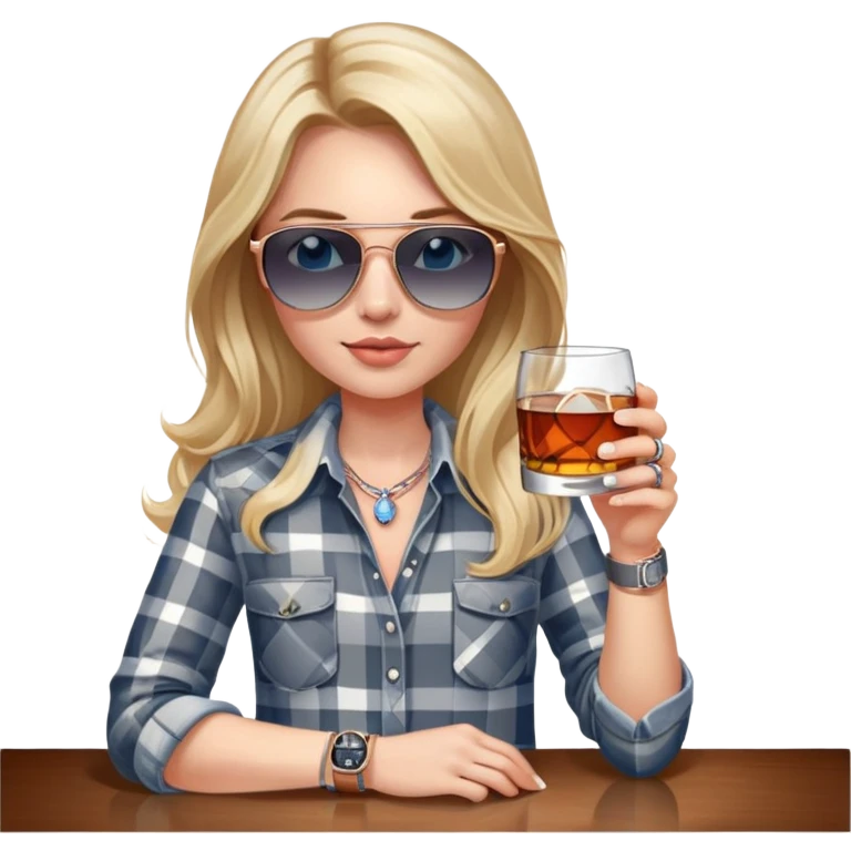 girl with long blond hair, wearing grey/white plaid shirt, with blue eyes and aviator sunglasses, wearing a ring on her silver necklace around her neck, holding a glass of whiskey, wearing rose gold apple watch emoji