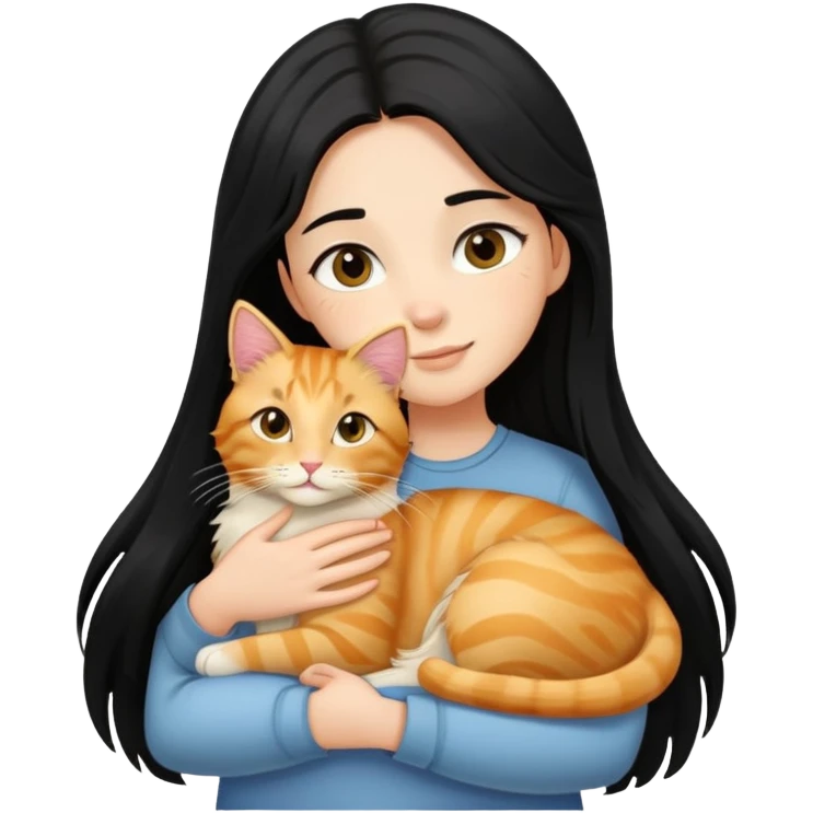 A black-haired girl hugs a long-haired golden tabby cat emoji