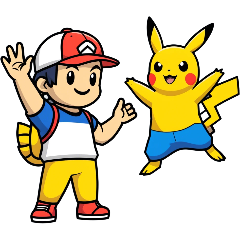 Hot handsomeb muscular 6ft tall smiling happy clean shaven Ash Ketchum giving Pikachu a high five emoji