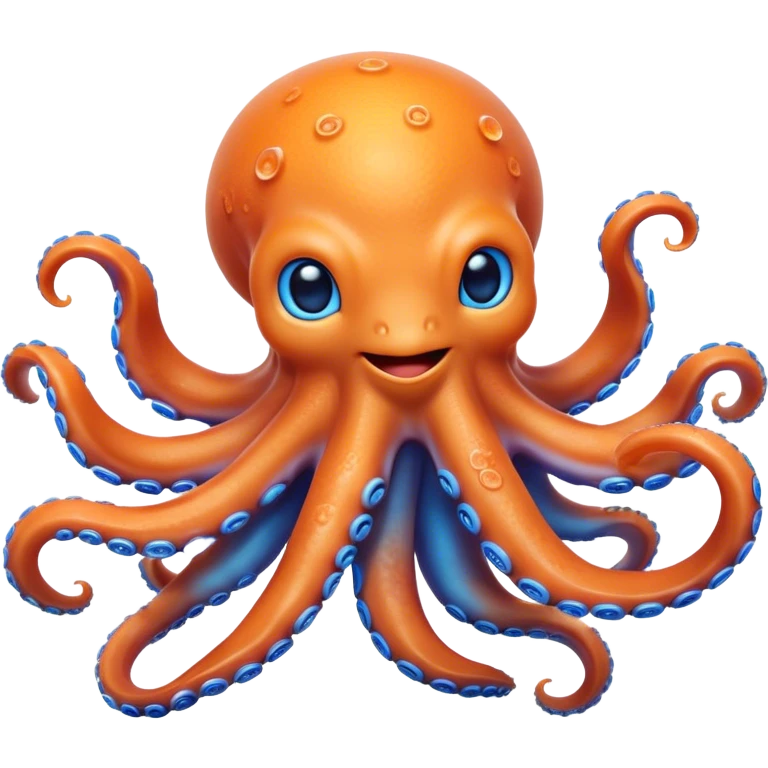 Cinematic Noble smiling Octopus Portrait Emoji, Poised and enchanting, with a light orange body adorned with vibrant blue rings and eight delightfully curling arms with gentle suckers, large sparkling eyes exuding warmth and playfulness, Simplified yet charmingly expressive features, highly detailed, glowing with a soft, magical underwater radiance, high shine, intelligent and irresistibly cute, stylized with an air of whimsical marine enchantment, focused and fluid, soft glowing outline, capturing the essence of a watchful and endearing octopus that appears ready to float out of the screen with delightful charm! emoji