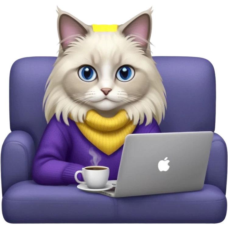a cute blue eyed ragdoll cat wearing the dark violet sweater with yellow letteting "Milena" sitting on the grey sofa with grey laptop and drinking coffee emoji
