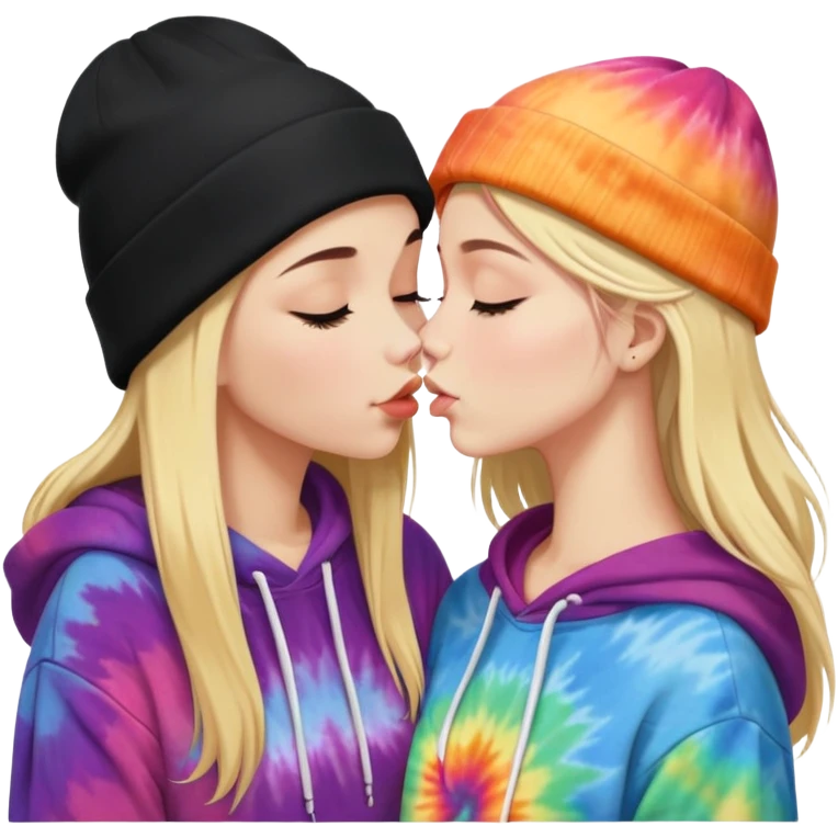Short brunette haired white girl in a hoodie and a black beanie kissing a tall short long blonde haired girl wearing a black beanie and a tiedye hoodie. make ther brunette shorter than the blonde emoji