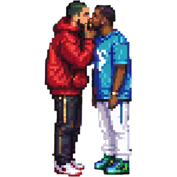 P Diddy kissing Drake, pixel art emoji