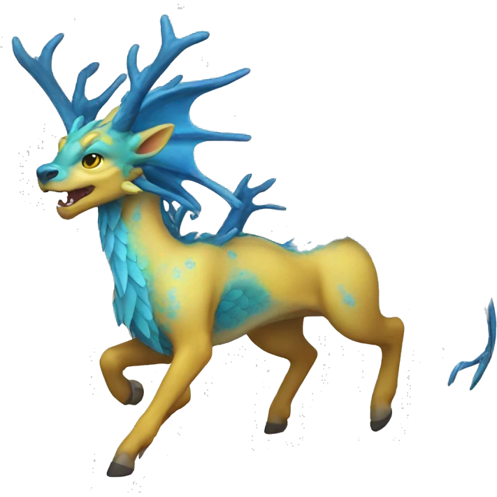 blue dragon deer hybrid with a yellow mane running emoji