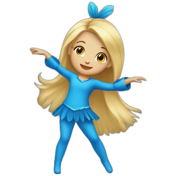 little blonde girl dancing in a blue bird costume emoji