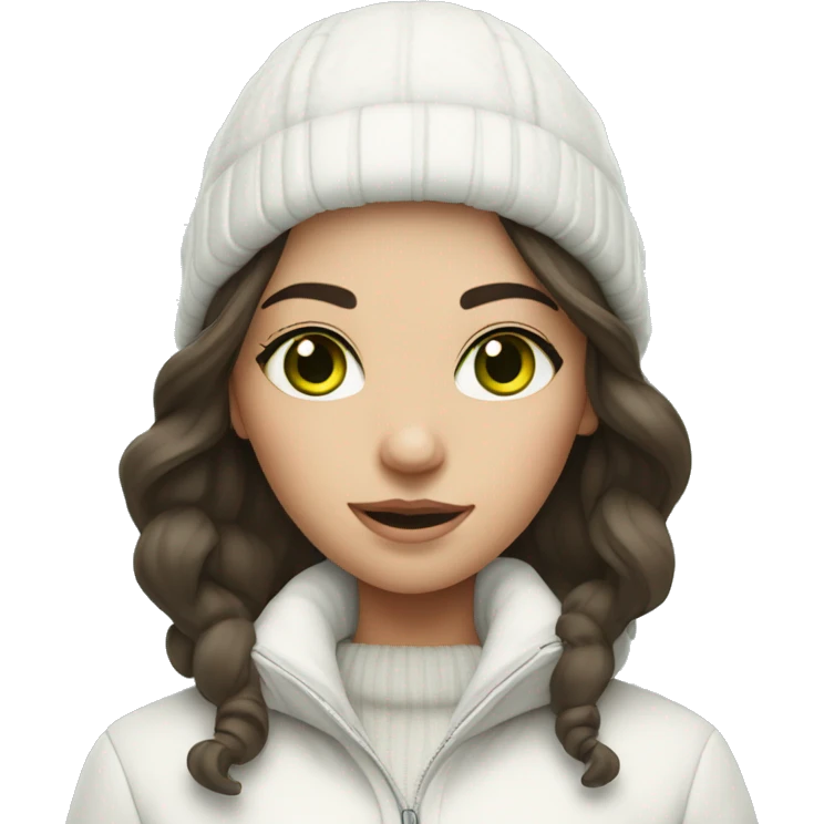 Brunette girl with green eyes in white winter outfit emoji