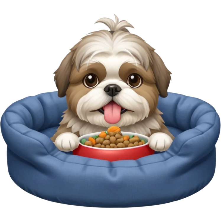 old grey shih tzu in dog bed with bowl of food tongue hanging out emoji