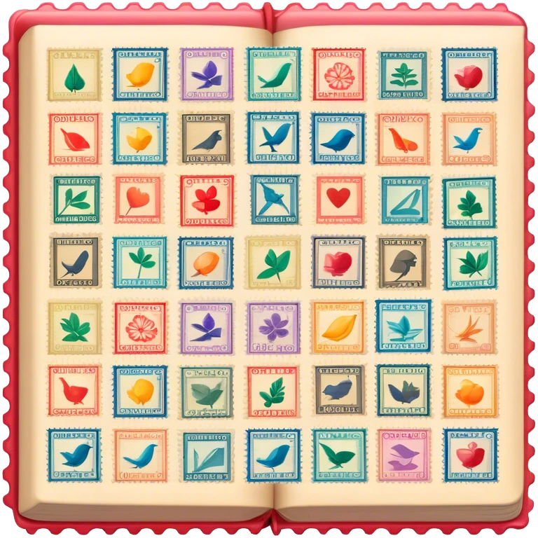 Icon for Stamp Collecting: a large stamp block in the center and a collection of vintage and colorful stamps arranged in an album or on a desk, with showcasing different themes. The icon should reflect the charm and history of philately. Transparent background. emoji