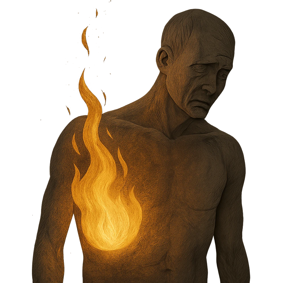 symbolic illustration of metabolism represented as a flame fading with age, adult body in foreground, dark background, 4K emoji