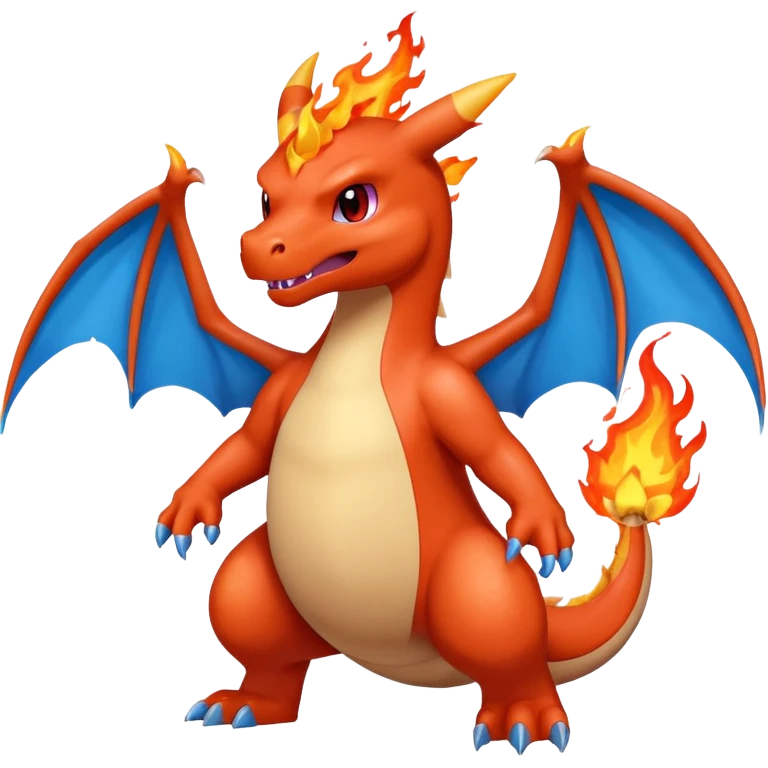 cute minimalistic red charizard pokemon throwhing flames 2 horns, blue wings only on the inside part emoji