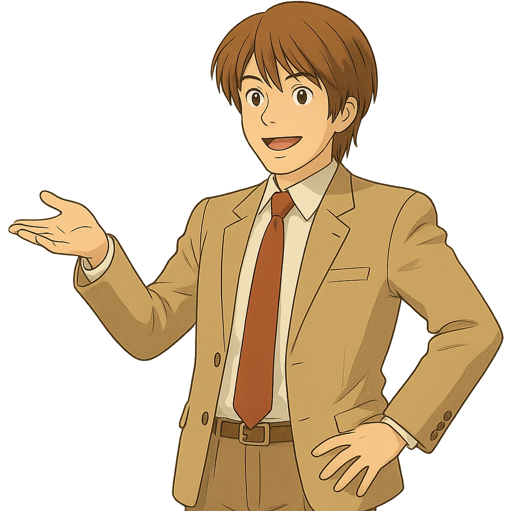 Create an exact Light Yagami in Ghibli style, standing with one hand on his hip and the other gesturing outward, wearing the same suit, with the same confident expression, transparent background. emoji