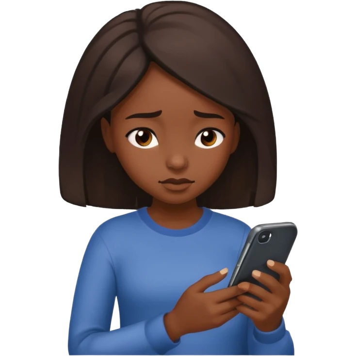 African American Girl looking down at her phone.  emoji