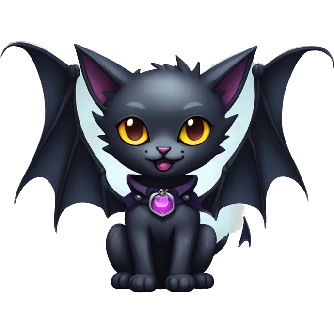  cool edgy kawaii ethereal dark-punk-themed animal vampiric cat-hybrid Fakemon with fangs and bat-wing-ears with a collar full body emoji