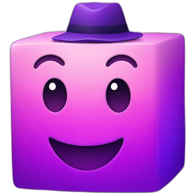 purple gradient smiling cube with 2 long hands and 2 long legs with a hat emoji