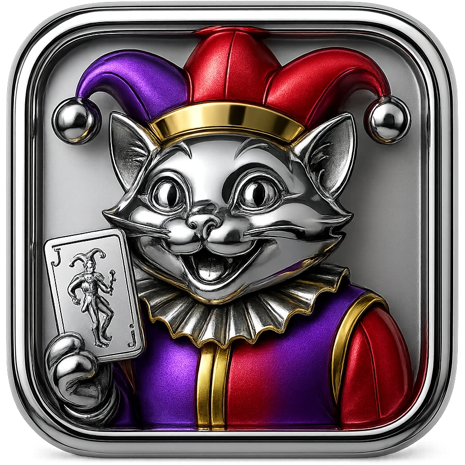 crazy colorful cute little cat jolly joker from poker, medieval, vintage, court jester, mac os icon, purple, gold and red color, half body. Squared shape as 3D mac os icon, symmetrical emoji