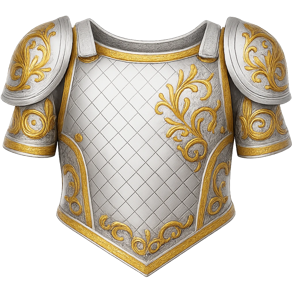Recolor this armor to a very light metallic silver color with ornate gold engravings. Emphasize a bright, reflective silver finish and detailed gold engravings. Transparent background. emoji
