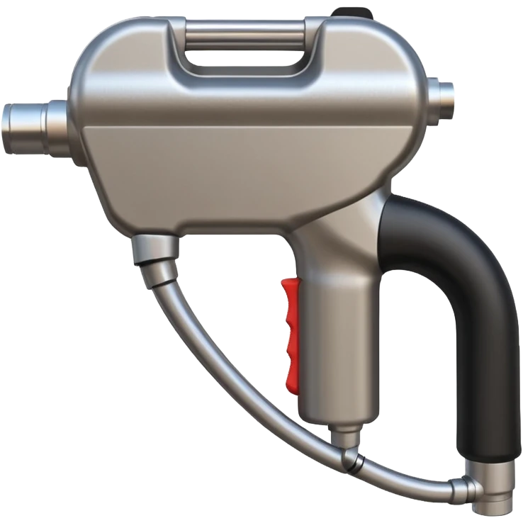 handheld fuel dispenser with a trigger, metallic look, slightly curved tip, black rubber hose attached, shown from a different angle emoji