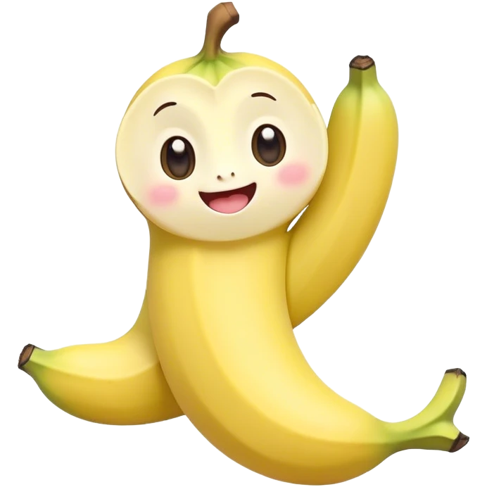 Cute Kawaii Banana, slightly curved, soft pastel yellow, cute giggling face with big round eyes, tiny arms waving happily, a peeled section revealing a smiling expression! emoji