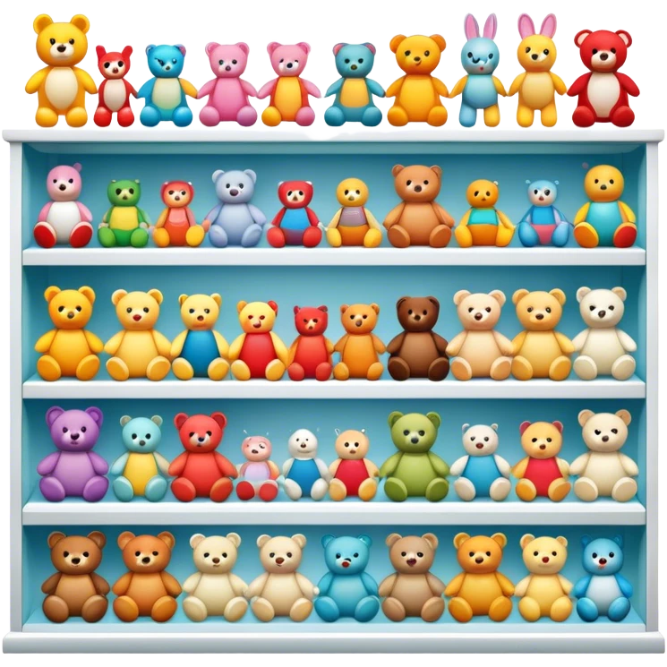 Icon for Toy Collecting: a collection of various vintage toys such as dolls, action figures, and plush animals, displayed neatly on shelves or in display cases. The icon should evoke the joy and nostalgia of collecting toys. Transparent background. emoji