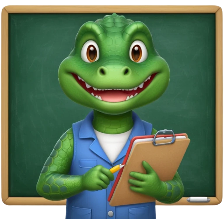 A 1960s style image of a gator with a clipboard and a pencil in front of a chalkboard emoji