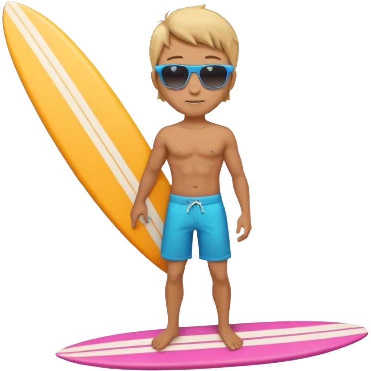 cute male surfer riding a wave, wearing shorts, sunglasses, holding balance, colorful surfboard, 3D cartoon, mobile game icon, clean background, no text emoji