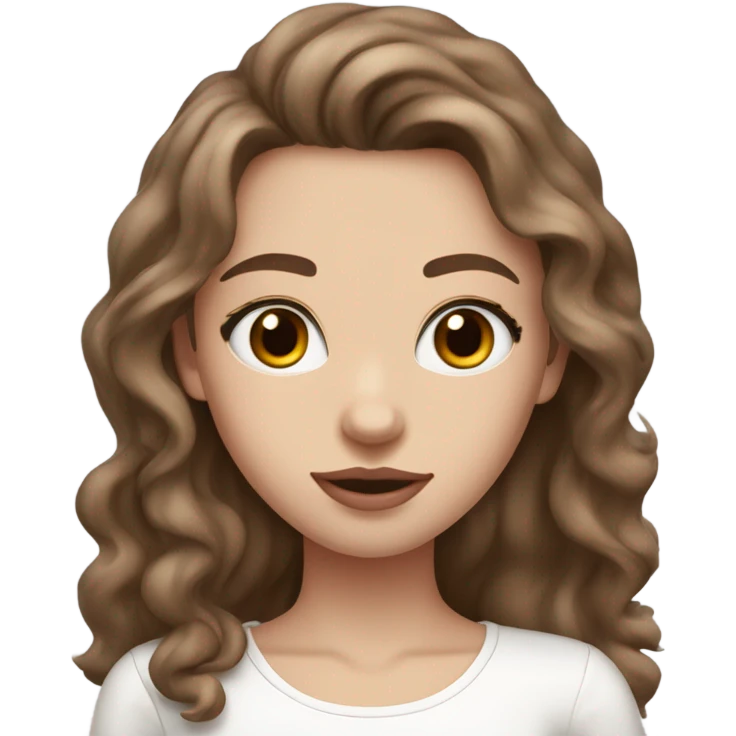 White skinny and beautiful girl with brown long wavy hair and dark brown eyes, soft pink lips and a white shirt.  emoji