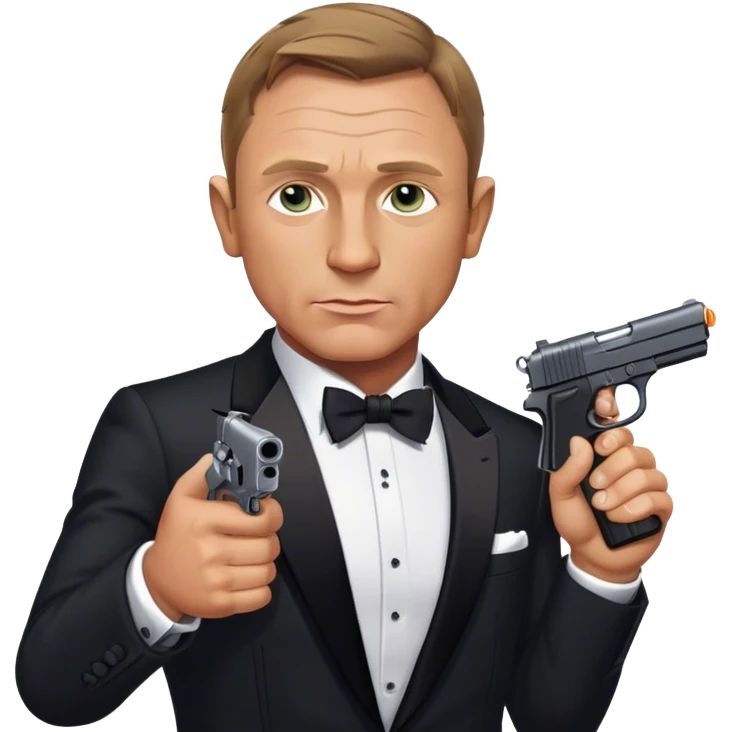 Cinematic Realistic James Bond Daniel Craig Portrait Emoji, depicted as the ultimate suave and enigmatic secret agent, donning a sharply tailored tuxedo, gripping a sleek handgun, with a piercing gaze that exudes confidence and danger. The scene is infused with moody, high-contrast cinematic lighting, evoking the thrilling world of espionage and intrigue. emoji