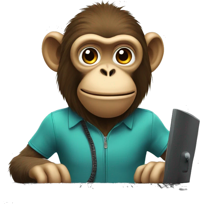 A monkey at a computer. There's a lot of money next to it. emoji