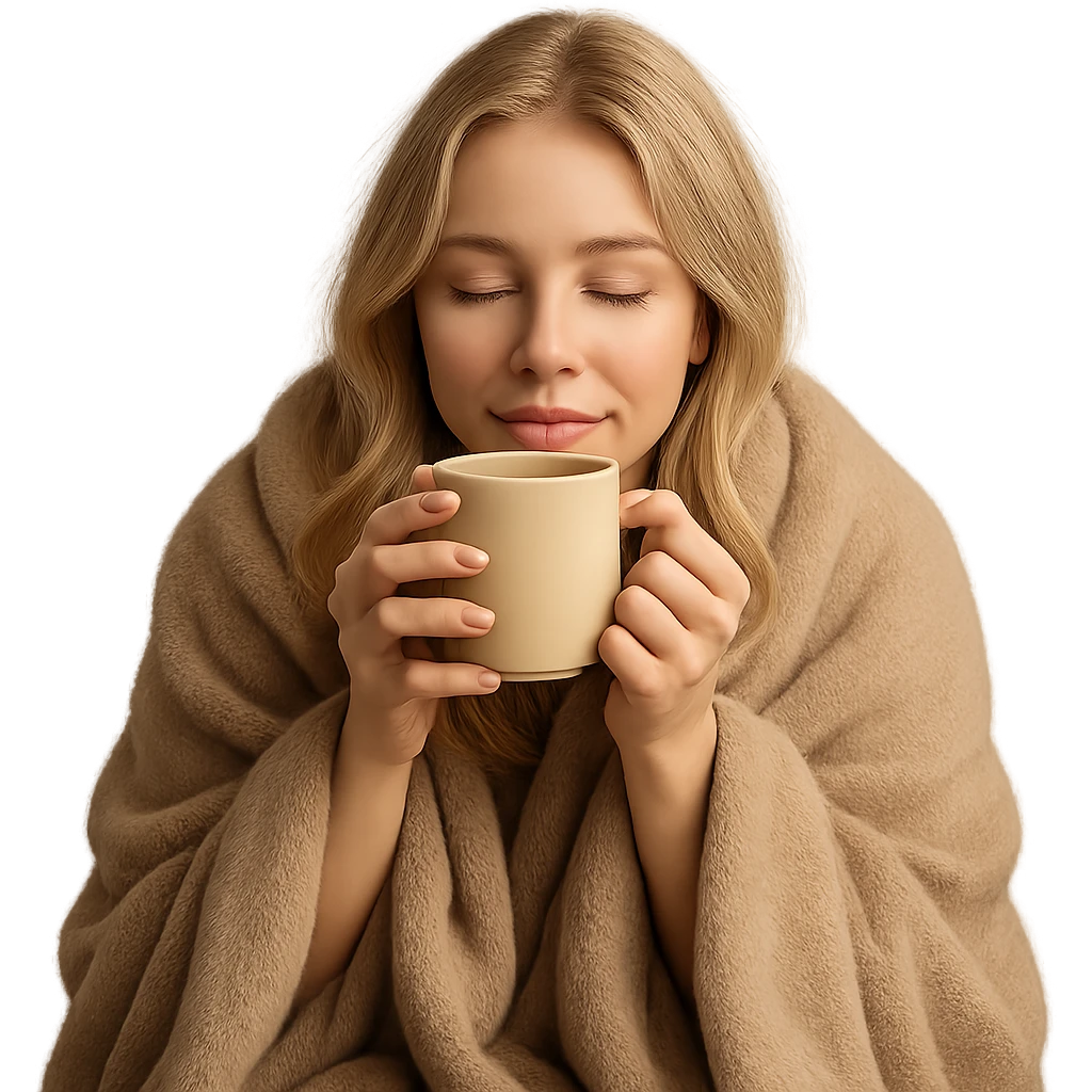 blonde girl wrapped in a blanket, sipping coffee with eyes closed, cozy and peaceful emoji