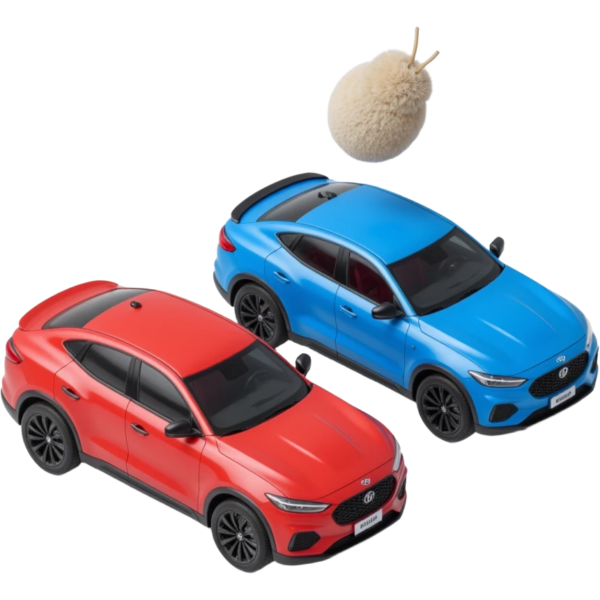 red and blue car being compared with some kind of comparison element/graphic emoji