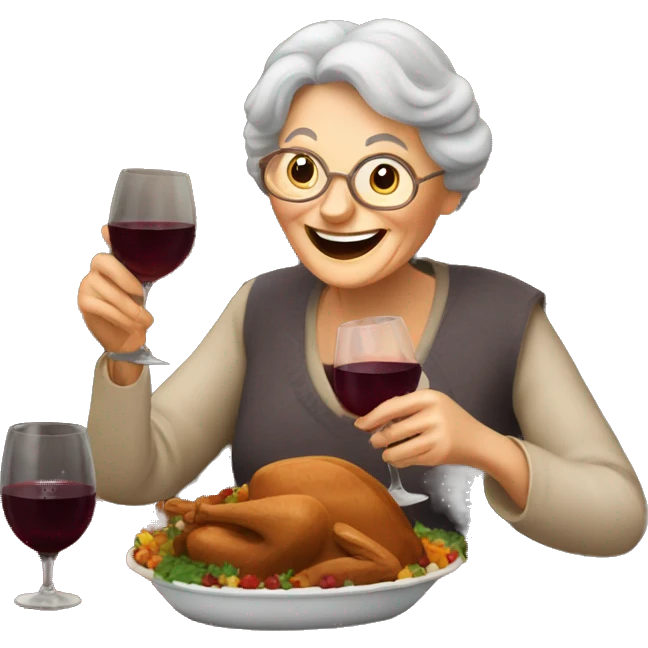 Happy old lady eating thanksgiving dinner holding a glass of red wine emoji