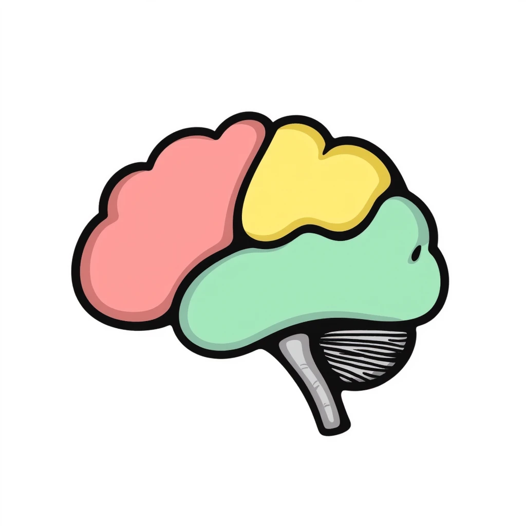 Anatomical brain diagram with colored regions: cerebrum in pink, cerebellum in yellow, brain stem in green, and frontal lobe in light blue. Detailed hand-drawn medical illustration with labeled major parts and lobes. emoji