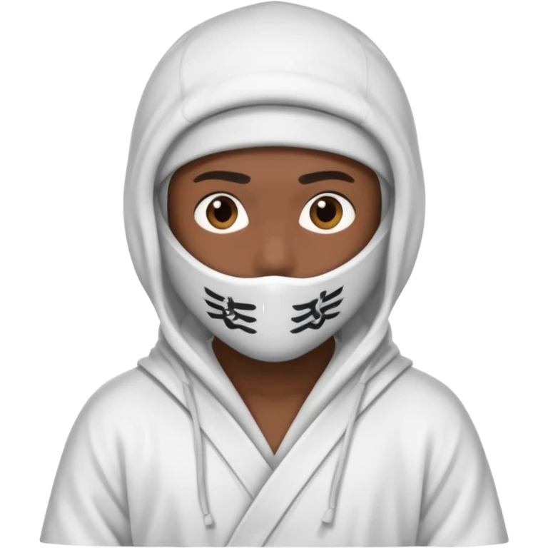 All white ninja robe with white ski mask to cover face and neck with a hoodie on and dark brown skin color emoji