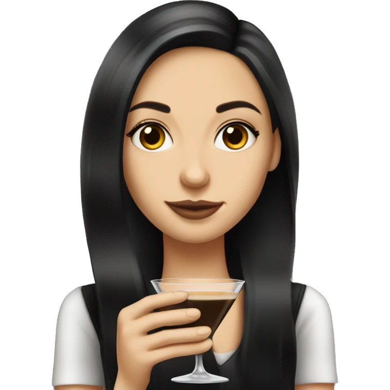 Caucasian girl with long black hair holding an espresso martini emoji