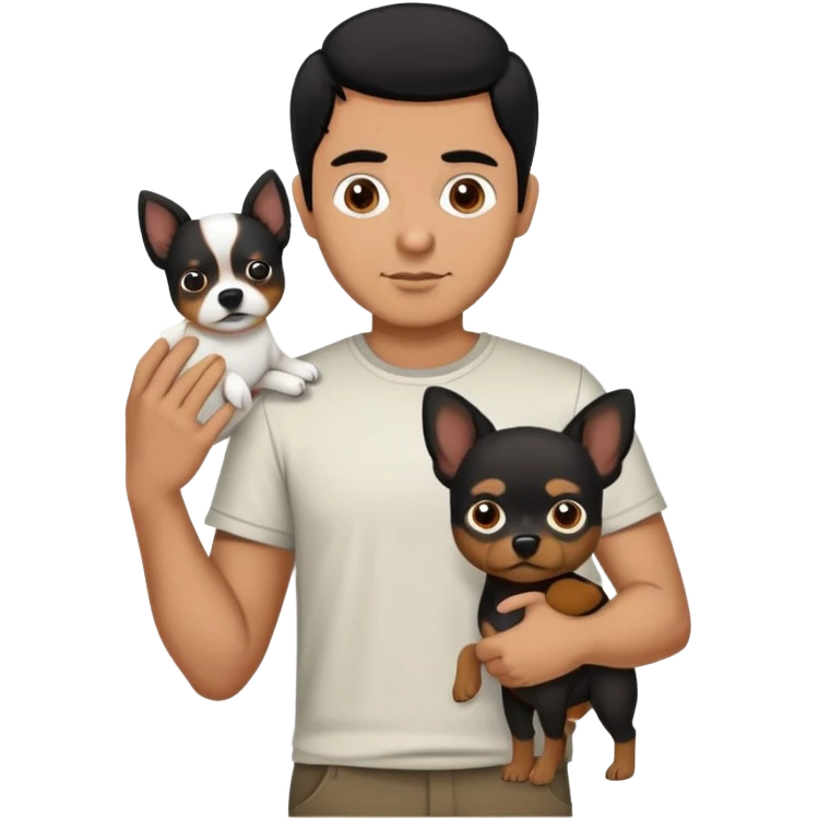 Mexican man with black hair and brown eyes wearing a shirt and black pants, holding a small white dog with one brown ear emoji